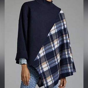 Anthropologie Pilcro Mixed Plaid Navy Poncho One Size NWOT